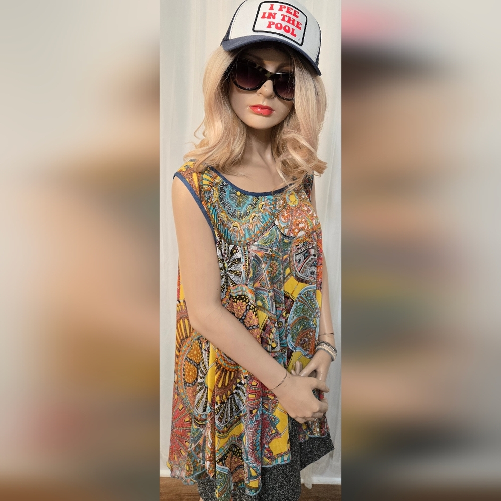 Boho Abstract Print Sleeveless Tunic. Beach Day Swim Cover Up.  Festival Wear.